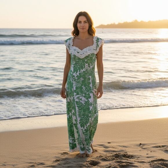Royal Creations Dresses & Skirts - Royal Creations Green Nahenahe Ruffle Muumuu Maxi Monstera Dress Luau Resort XL